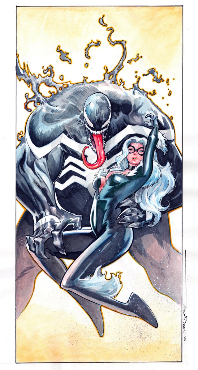 Black Cat & Venom Painting Original Art - Paco Medina Comic Art